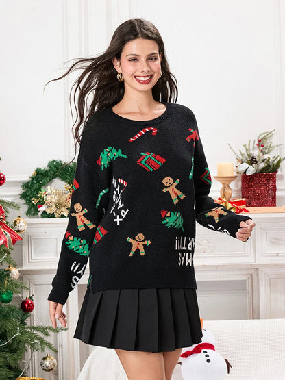 Drop Shoulder Gingerbread Man Pattern Long Sleeve Knit Christmas Sweater Black / S Sweaters-L