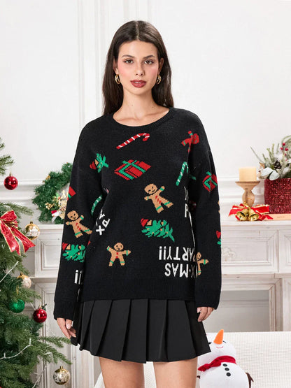 Drop Shoulder Gingerbread Man Pattern Long Sleeve Knit Christmas Sweater Sweaters-L