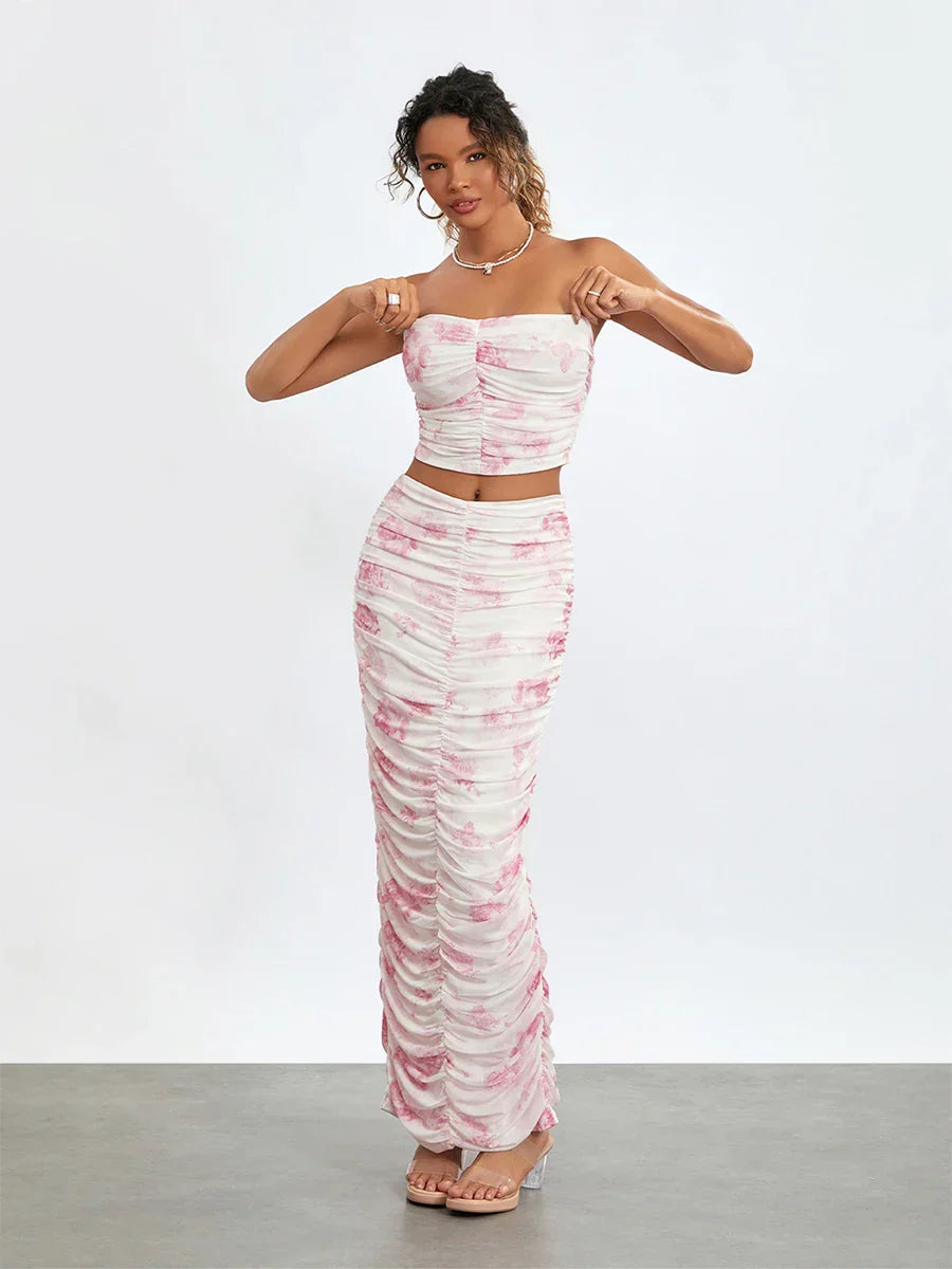 Chic Off-Shoulder Tube Top Wrap Long Floral Skirt Set MULTI / S floraldress-250126