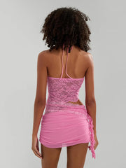 Sheer Lace Halter Crop Top Asymmetric Skirt Outfit croptop-250126