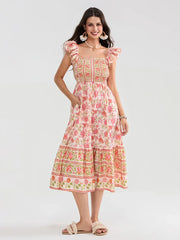 Floral Dot Print Shirred Square Neck Ruffled Flowing Beach Floral Dress floraldress-250126