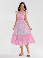 Floral Dot Print Shirred Square Neck Ruffled Flowing Beach Floral Dress floraldress-250126