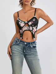 Black Floral Deep V Spaghetti Strap Backless Crop croptop-250126