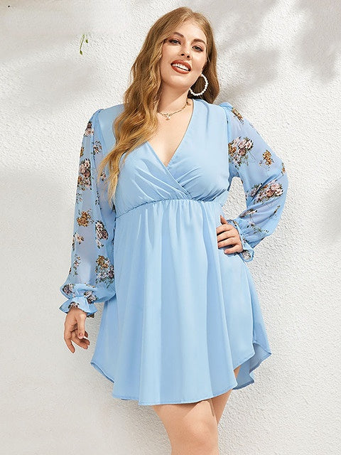 JuliaFashion - 2024 Puff Sleeve Floral Print V-neck Curved Hem Dresses