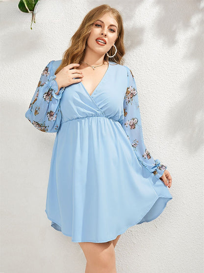 JuliaFashion - 2024 Puff Sleeve Floral Print V-neck Curved Hem Dresses