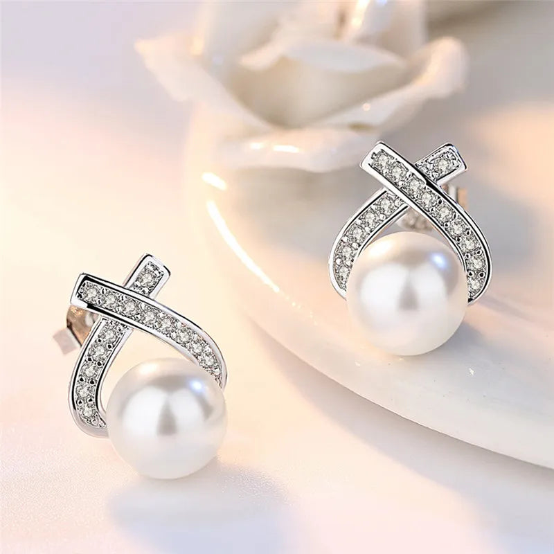 JuliaFashion - 2024 Retro Cross Inlaid Zircon Pearl Earrings