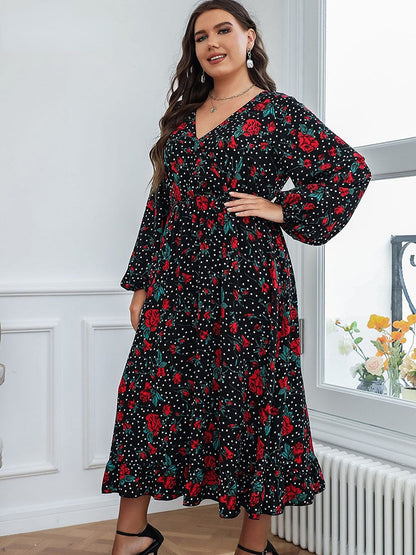 JuliaFashion - 2024 Print V-Neck Swing High Waist Loose Midi Dresses