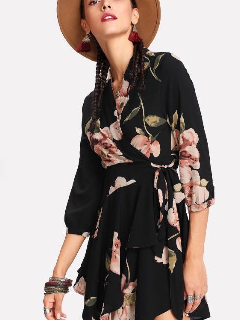 JuliaFashion-Flora Printed Surplice Mini Dress