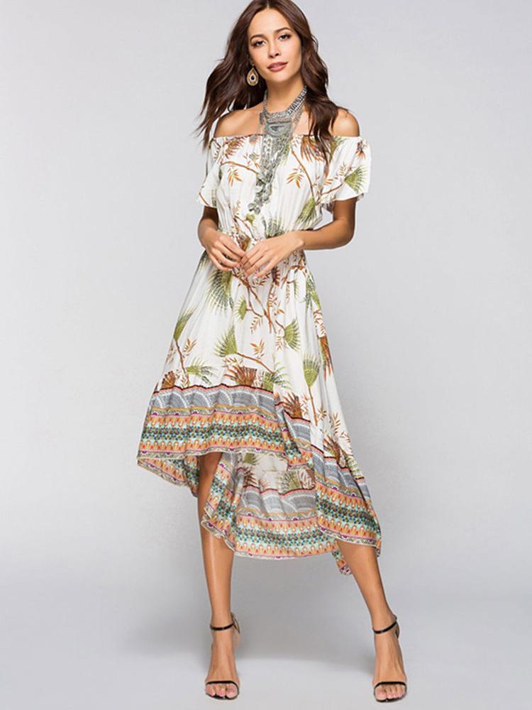 JuliaFashion-Feels Right Leafy Print Off Shoulder Midi Dress