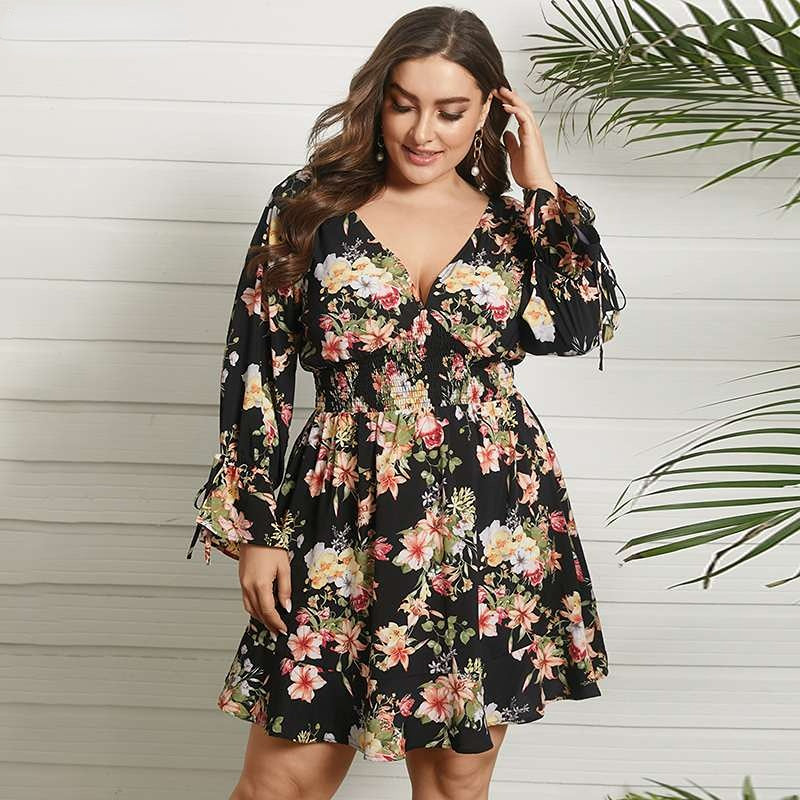 JuliaFashion-Long Sleeve V-Neck Sexy Floral Printed Mini Sundress