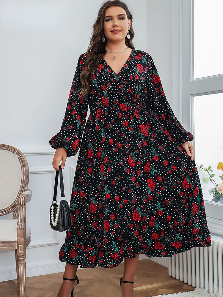 JuliaFashion - 2024 Print V-Neck Swing High Waist Loose Midi Dresses