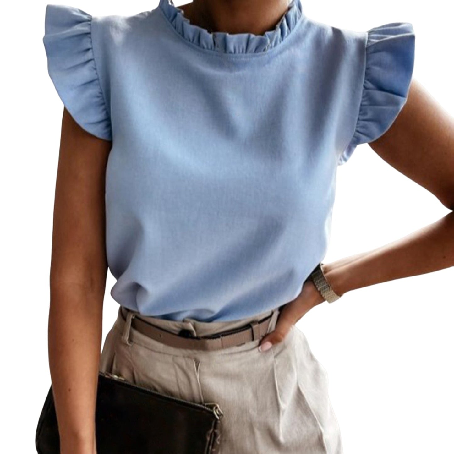 JuliaFashion - 2024 Women Casual Summer Solid Color Stand Collar Short Sleeve Slim Blouse Clothing