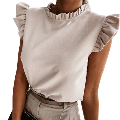 JuliaFashion - 2024 Women Casual Summer Solid Color Stand Collar Short Sleeve Slim Blouse Clothing