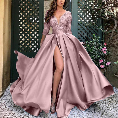 JuliaFashion - 2024  Solid V-Neck Long Sleeve Celebrity Party Maxi Dress