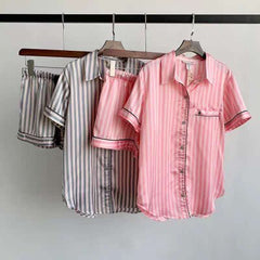 JuliaFashion-Pink Strip Slik Short Sleeves Two Pieces Pajamas Set