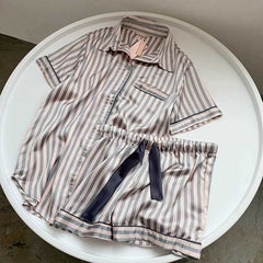 JuliaFashion-Pink Strip Slik Short Sleeves Two Pieces Pajamas Set