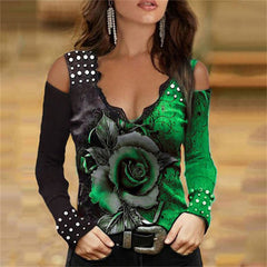 JuliaFashion - 2024 Women Sexy V-Neck Off Shoulder Shirts Tops Rose Printed Clothing