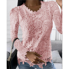 JuliaFashion - 2024 Women Long Sleeve Lace Patchwork Sexy V-Neck Solid Color Shirt