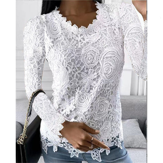 JuliaFashion - 2024 Women Long Sleeve Lace Patchwork Sexy V-Neck Solid Color Shirt