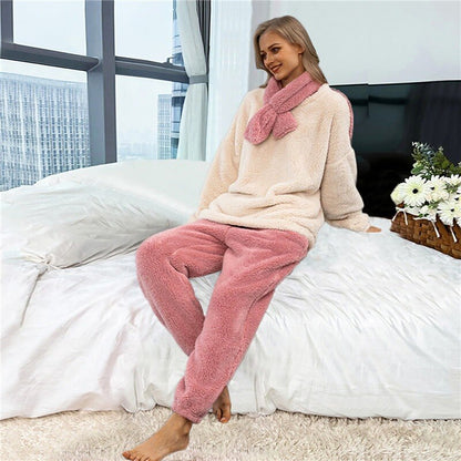 JuliaFashion-Long Velvet Flannel Warm Pajamas Set