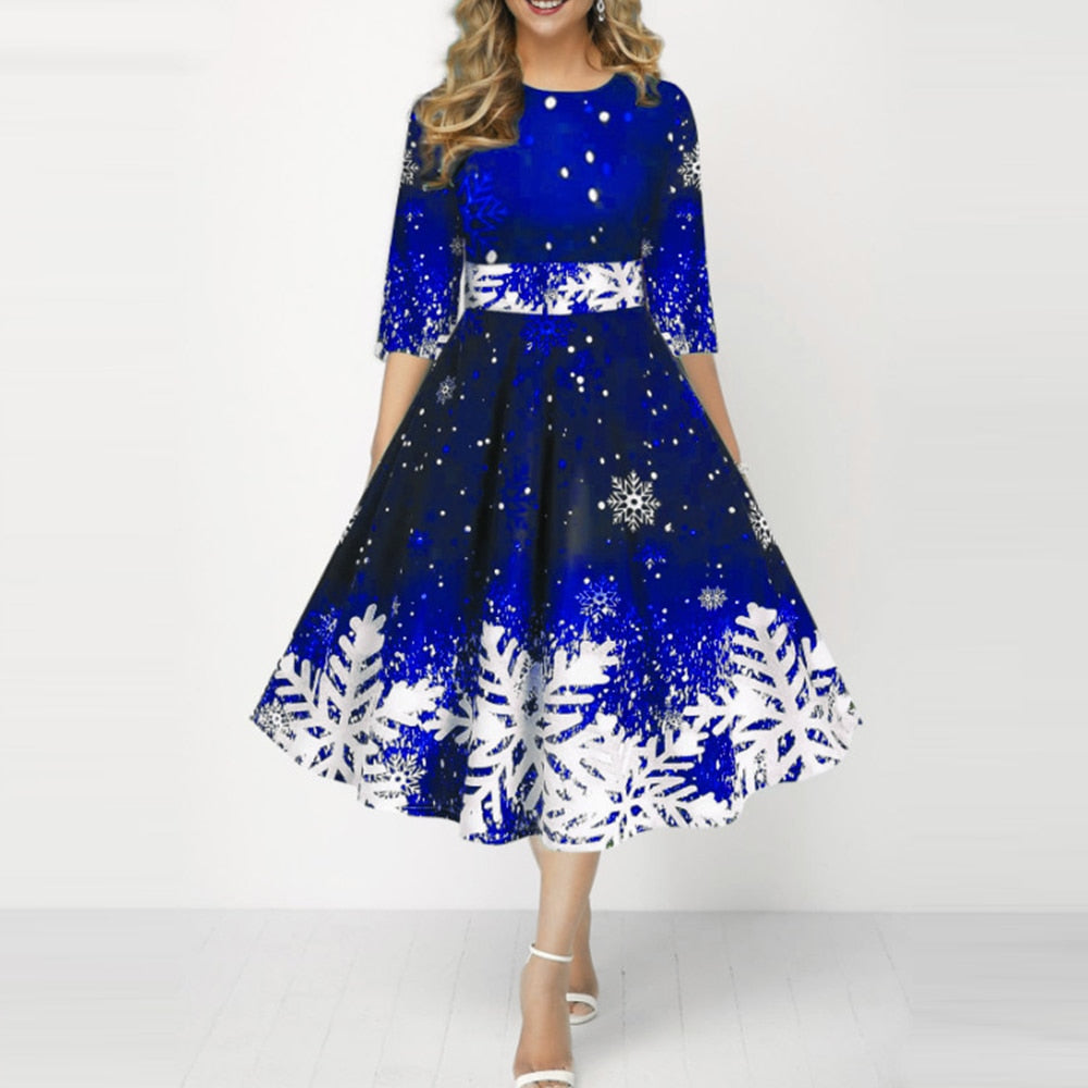 JuliaFashion-2024 Christmas Costume Party Dresses for Women Snowflake Printed Midi Party Dress