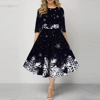 JuliaFashion-2024 Christmas Costume Party Dresses for Women Snowflake Printed Midi Party Dress