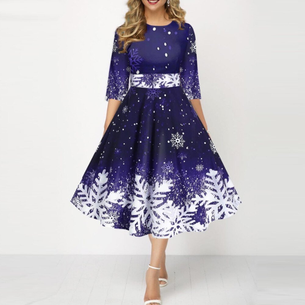 JuliaFashion-2024 Christmas Costume Party Dresses for Women Snowflake Printed Midi Party Dress