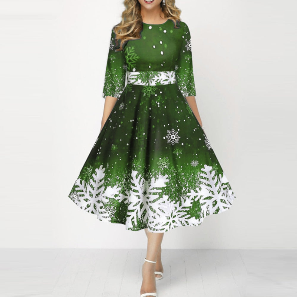 JuliaFashion-2024 Christmas Costume Party Dresses for Women Snowflake Printed Midi Party Dress