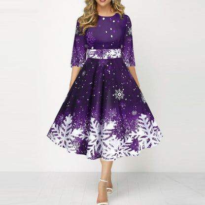 JuliaFashion-2024 Christmas Costume Party Dresses for Women Snowflake Printed Midi Party Dress