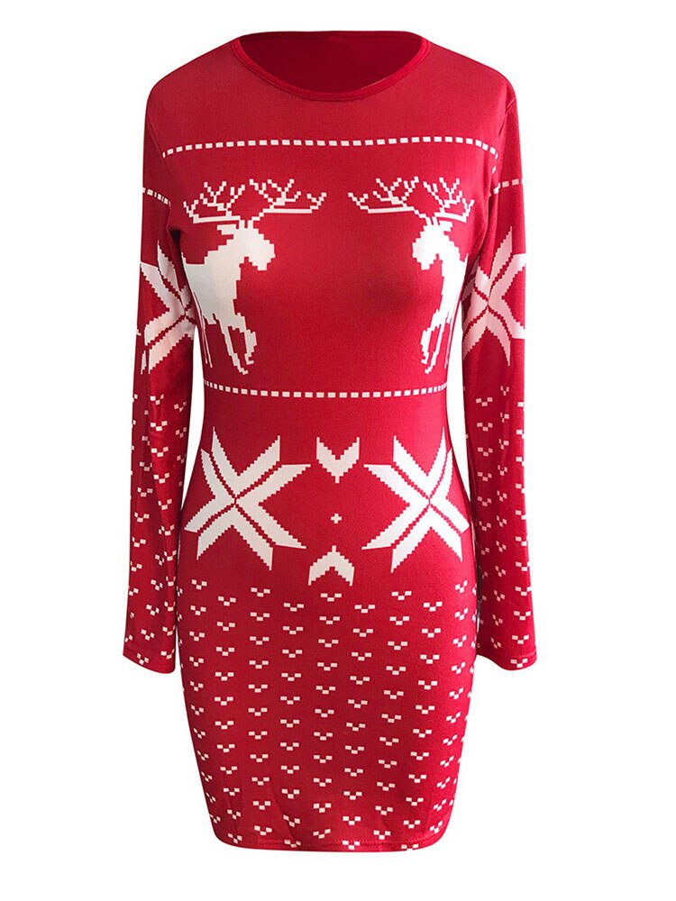 JuliaFashion-2024 Christmas Digital Printed Party Sweater Women Skinny Wrap Hip Long Sleeve Pullover