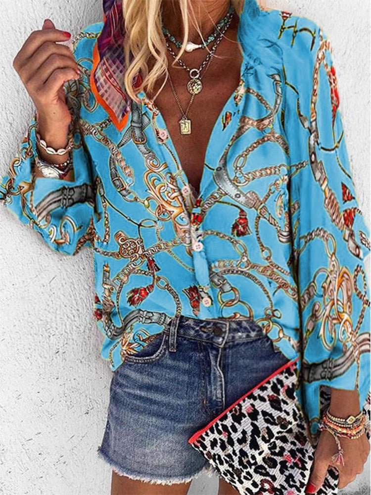 JuliaFashion - 2024 Women V-neck Long Sleeve Print Loose Casual Shirts