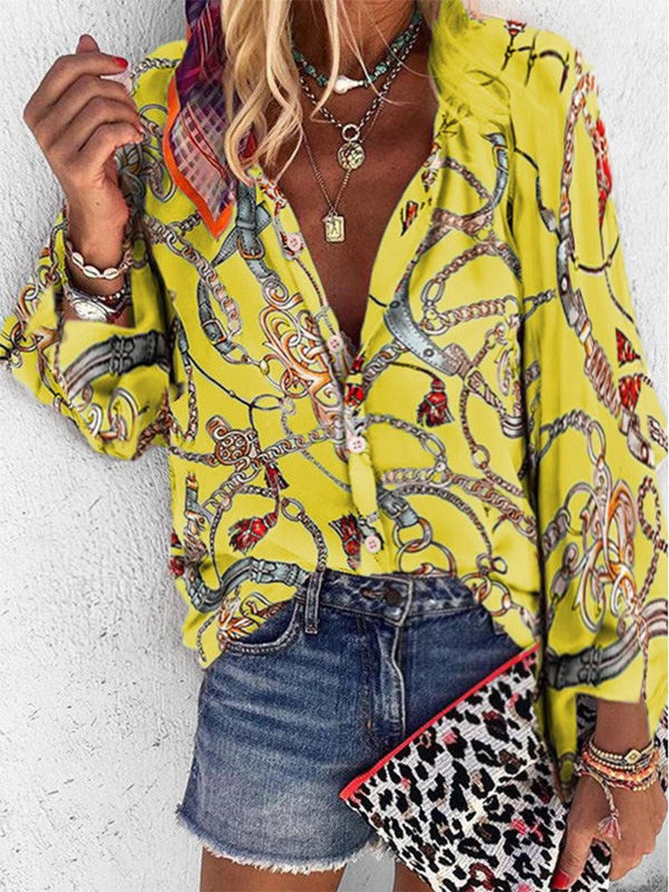 JuliaFashion - 2024 Women V-neck Long Sleeve Print Loose Casual Shirts