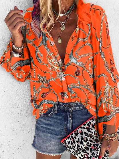 JuliaFashion - 2024 Women V-neck Long Sleeve Print Loose Casual Shirts