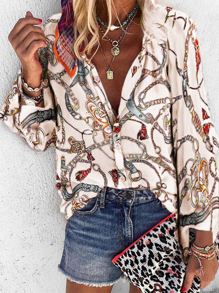 JuliaFashion - 2024 Women V-neck Long Sleeve Print Loose Casual Shirts