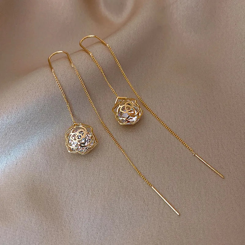 JuliaFashion-Elegant Zircon Flower Tassel Earrings