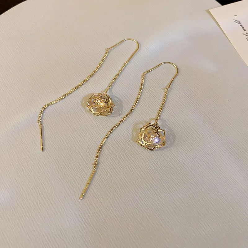 JuliaFashion-Elegant Zircon Flower Tassel Earrings
