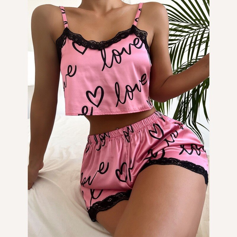 JuliaFashion-Floral Silk Satin Cami Top and Shorts Pajamas Set