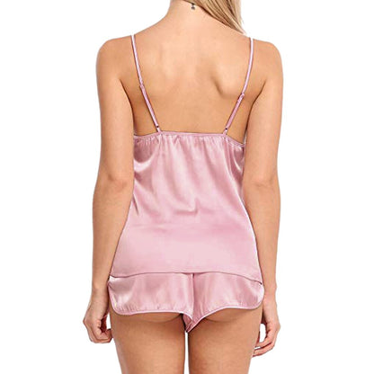 JuliaFashion-2 Pieces Silk Satin Cami Top and Shorts Pajama Set