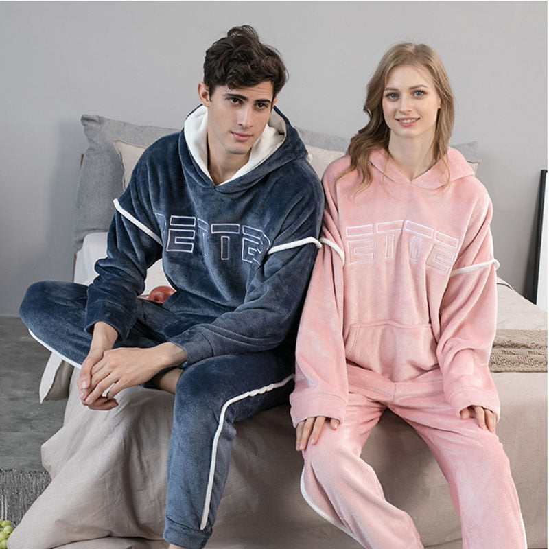 JuliaFashion-Hooded Flannel Pajamas 2 Pieces/Set
