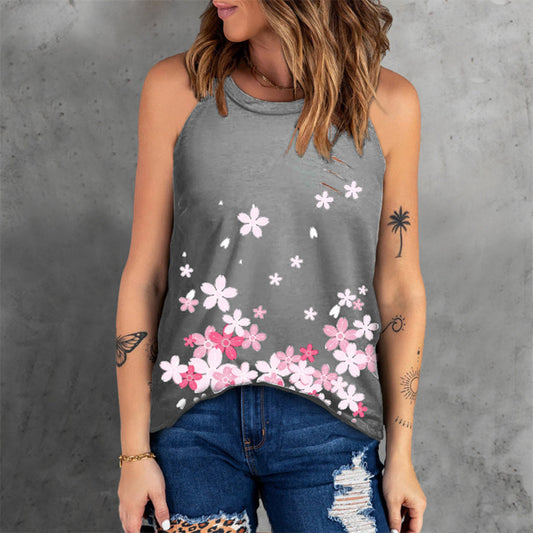 JuliaFashion - 2024 Women Floral Print Vest T Shirt Casual Sleeveless Loose Tank Top