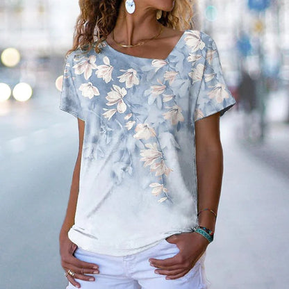 JuliaFashion - 2024 Women Flower Pattern Short Sleeve Regular V-Neck T-shirt