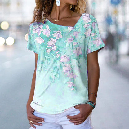 JuliaFashion - 2024 Women Flower Pattern Short Sleeve Regular V-Neck T-shirt