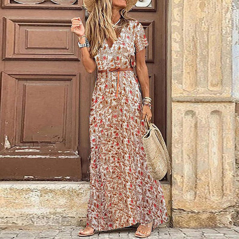 JuliaFashion - 2024 Summer Boho Long Dress Casual Paisley Print Belt Maxi Dress