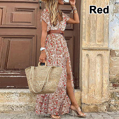 JuliaFashion - 2024 Summer Boho Long Dress Casual Paisley Print Belt Maxi Dress