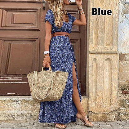 JuliaFashion - 2024 Summer Boho Long Dress Casual Paisley Print Belt Maxi Dress