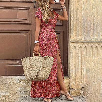 JuliaFashion - 2024 Summer Boho Long Dress Casual Paisley Print Belt Maxi Dress