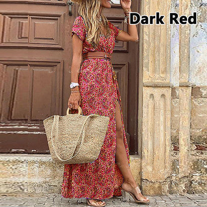 JuliaFashion - 2024 Summer Boho Long Dress Casual Paisley Print Belt Maxi Dress