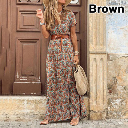 JuliaFashion - 2024 Summer Boho Long Dress Casual Paisley Print Belt Maxi Dress