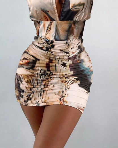 JuliaFashion-O-Neck Marble Print Cutout Ruched Bodycon Dress