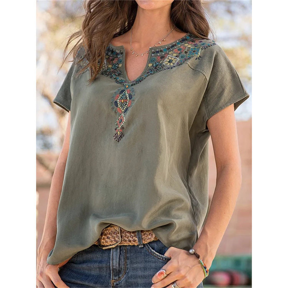 JuliaFashion - 2024 Women's Loose Western Ethnic Style V-Neck Short-Sleeve T-shirt